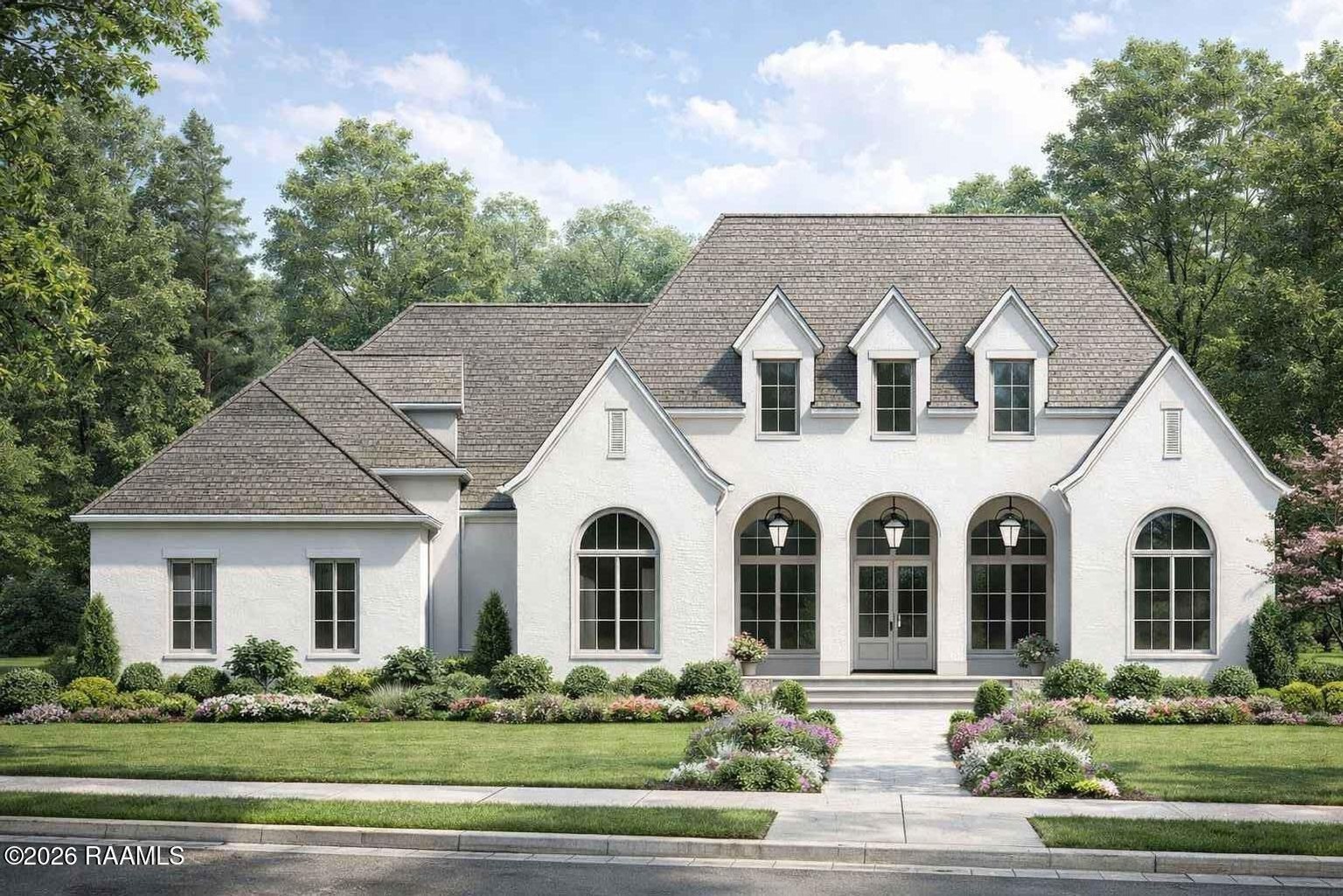 Front facade of white brick house with gray slate roof and three dormer windows. Features three large arched windows on main level with black frames and metal lanterns. Landscaped yard with green lawn, flowering shrubs, boxwood hedges, and concrete walkway.